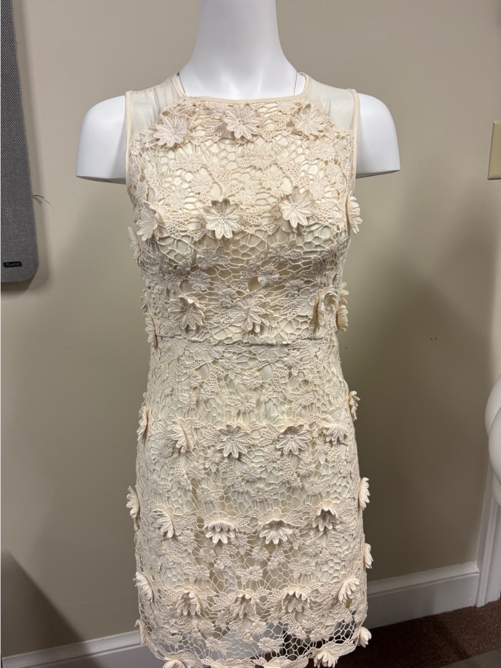 Ivory Floral Lace Mini Dress - Sleeveless Feminine Fit